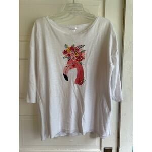 Cabana Bay Size XL White 100% Cotton 1/2 Sleeve Sweater w/ Pink Flamingo Theme‎